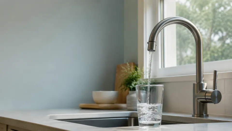 Water pouring from a kitchen faucet into a clear glass
