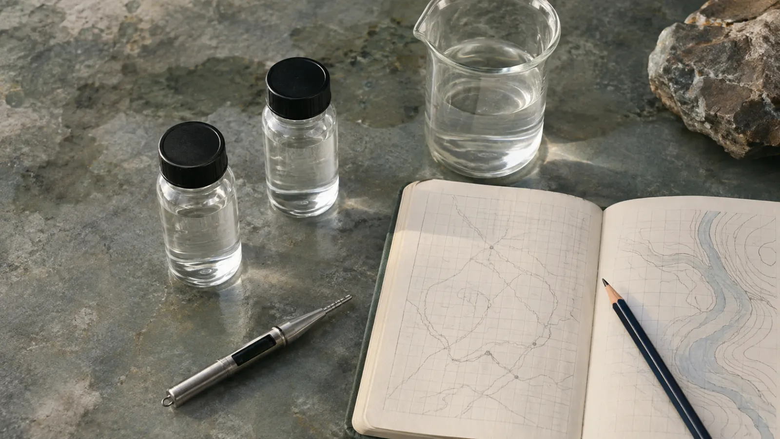 Water-sample vials, laboratory glassware, and field notes