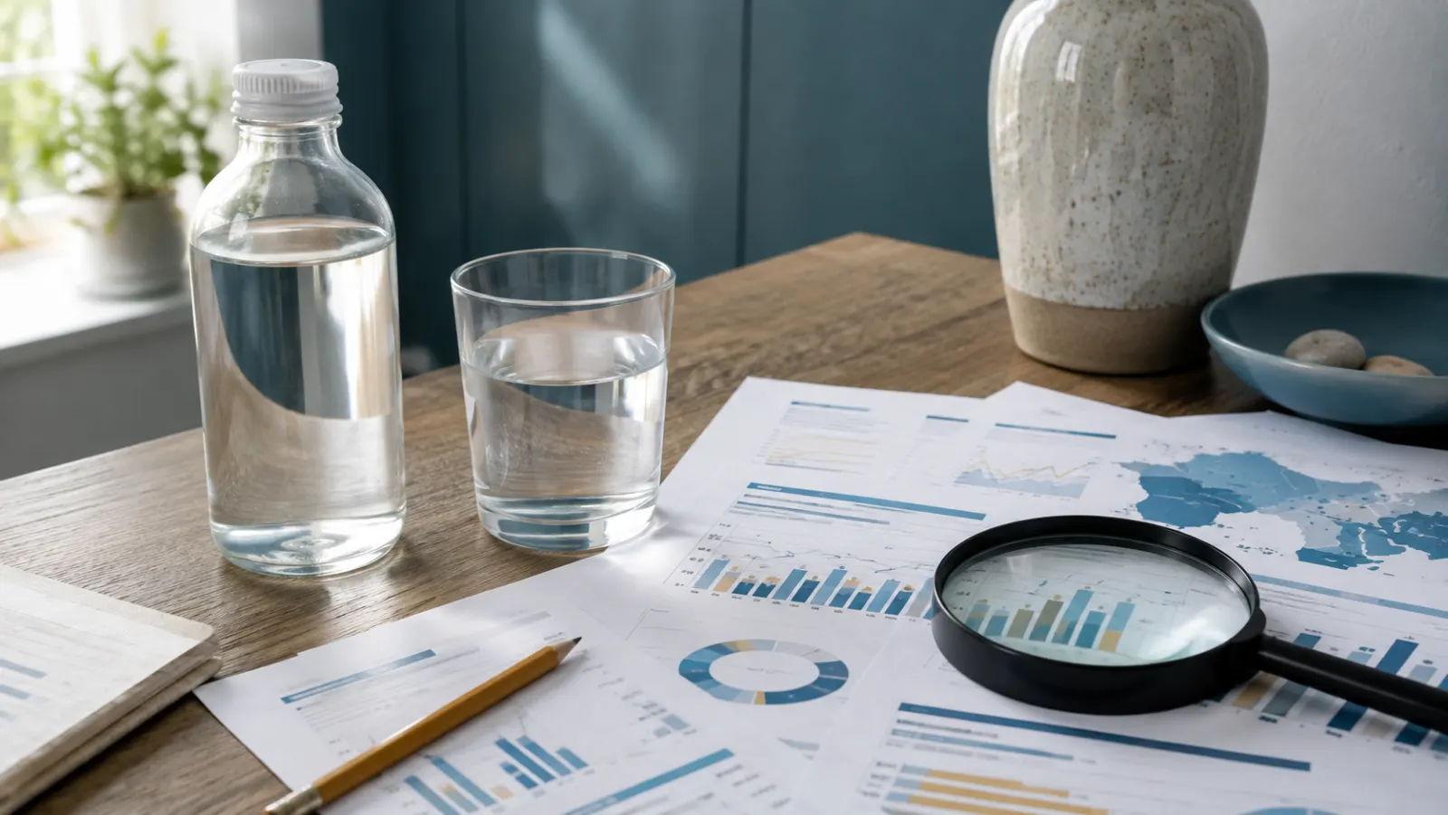 Water sample bottle, glass, and printed data charts on a table