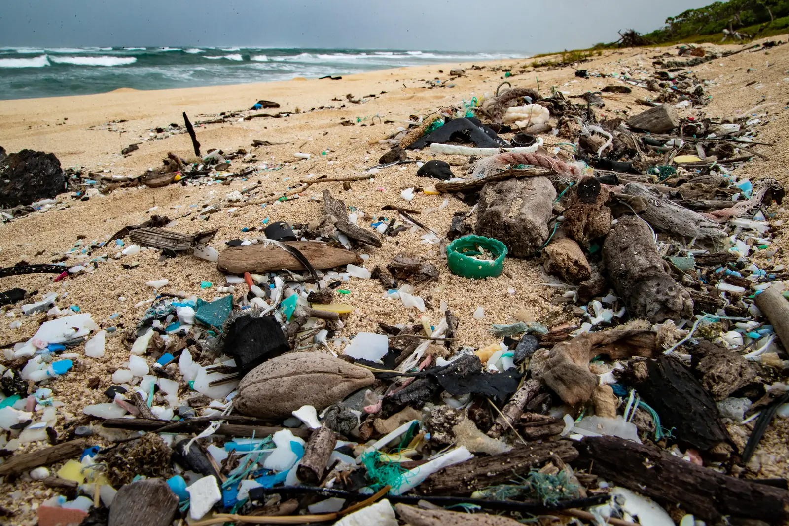A sandy beach covered with plastic fragments, bottle caps, rope and driftwood at the tide line