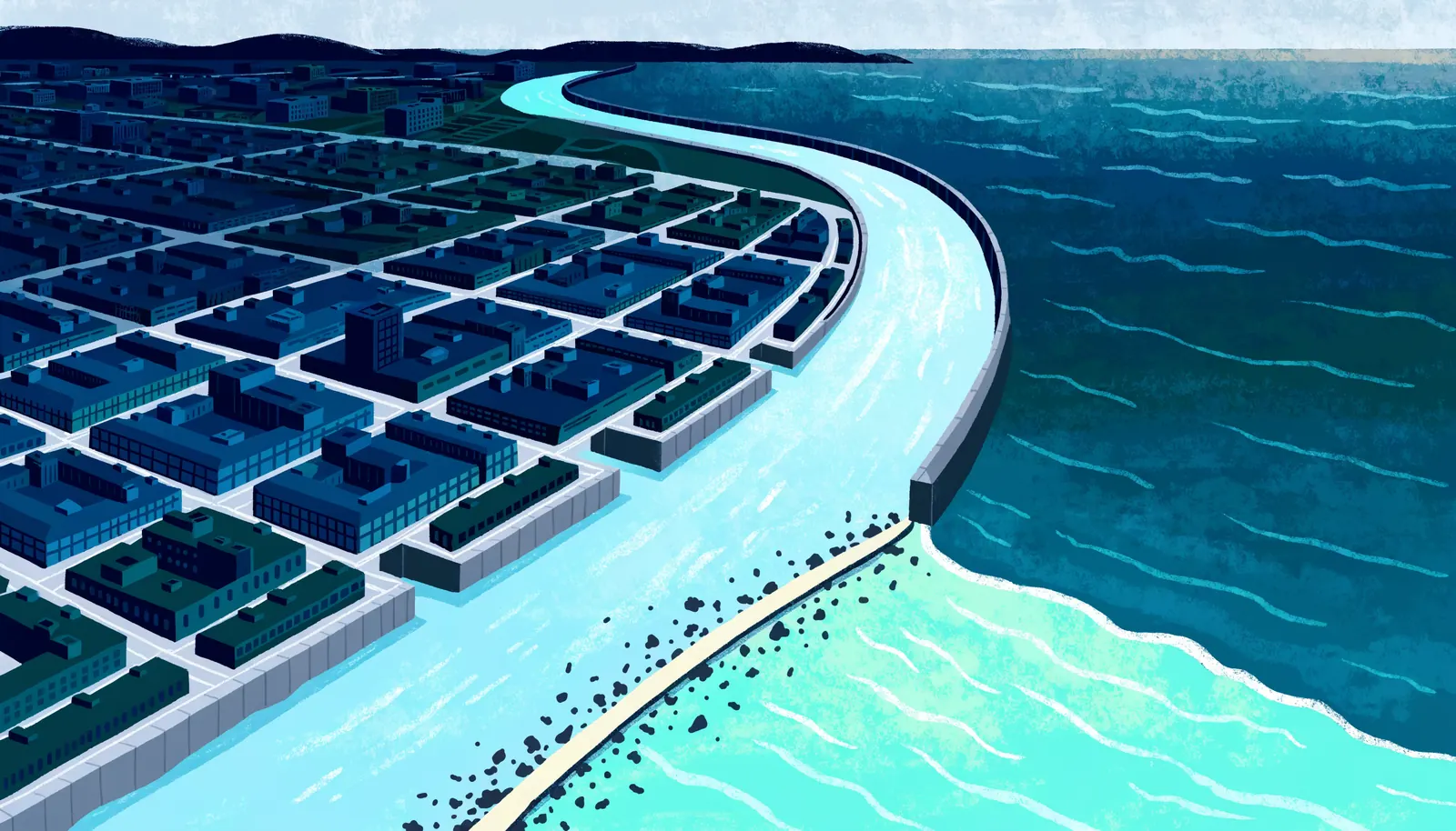 Illustration: a dense city grid beside a river that runs along a sea wall into the ocean, with scraps of trash gathering where it meets the sea