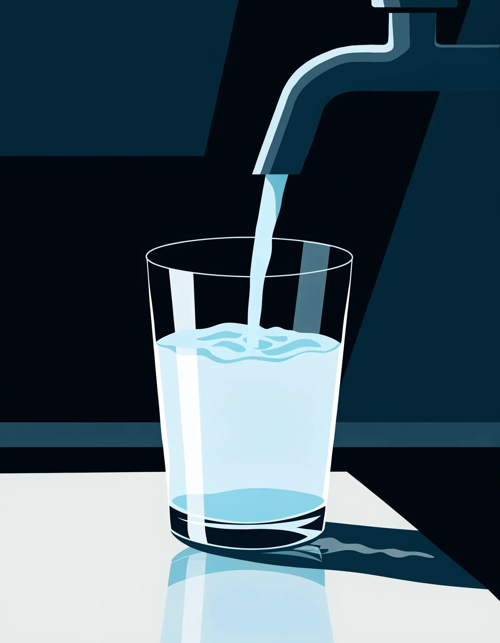 Illustration: water running from a kitchen tap into a clear glass on a counter