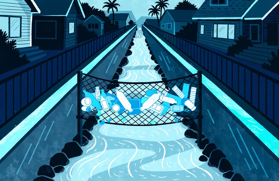 Illustration: a net stretched across a narrow concrete channel between houses, holding back bottles and bags