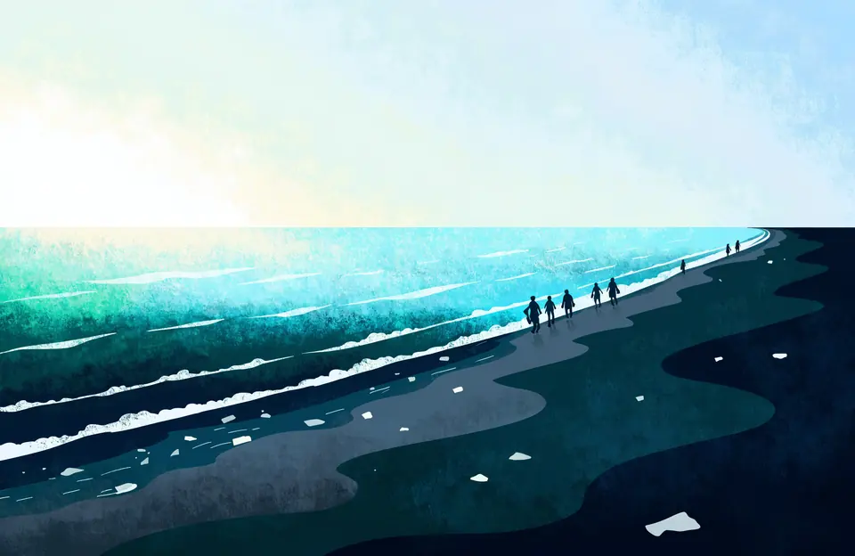 Illustration: a line of small figures walking a dark shore at low tide, with scraps of litter along the water’s edge