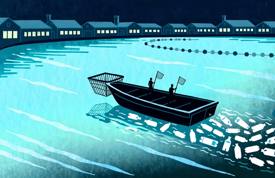Illustration: a small boat with a wire basket on its bow in a harbor, two people aboard holding hand nets beside floating bottles