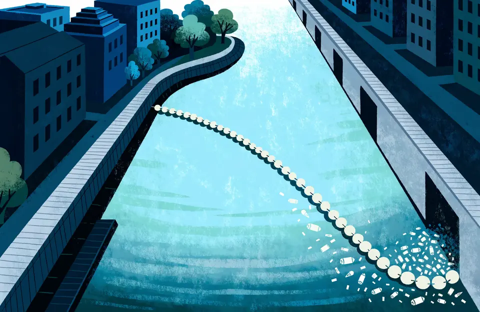Illustration: a line of floats set at an angle across a city canal, guiding bottles and bags to one bank