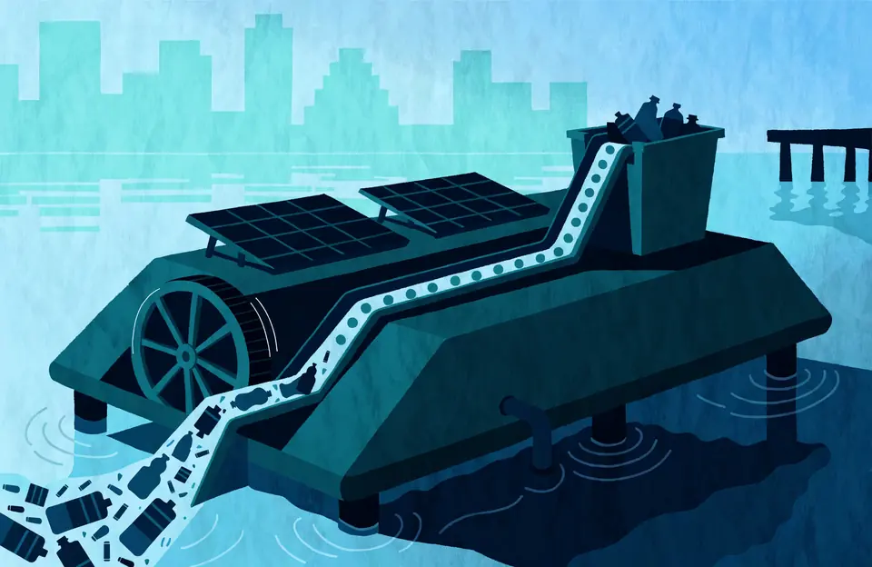 Illustration: a water-wheel collector with solar panels at a harbor edge, its conveyor carrying trash up into a dumpster